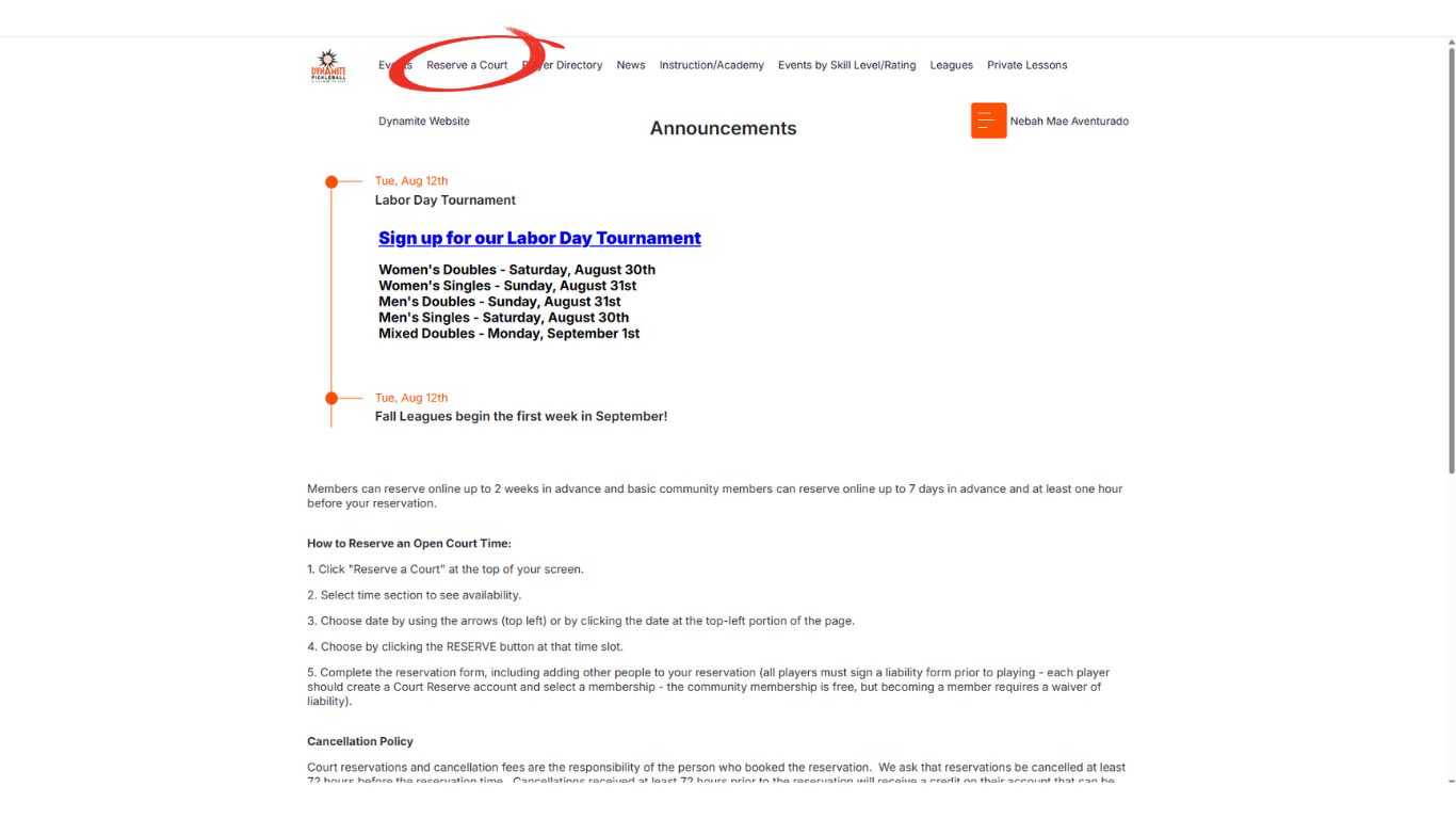 Select "Reserve a Court" from the main menu.