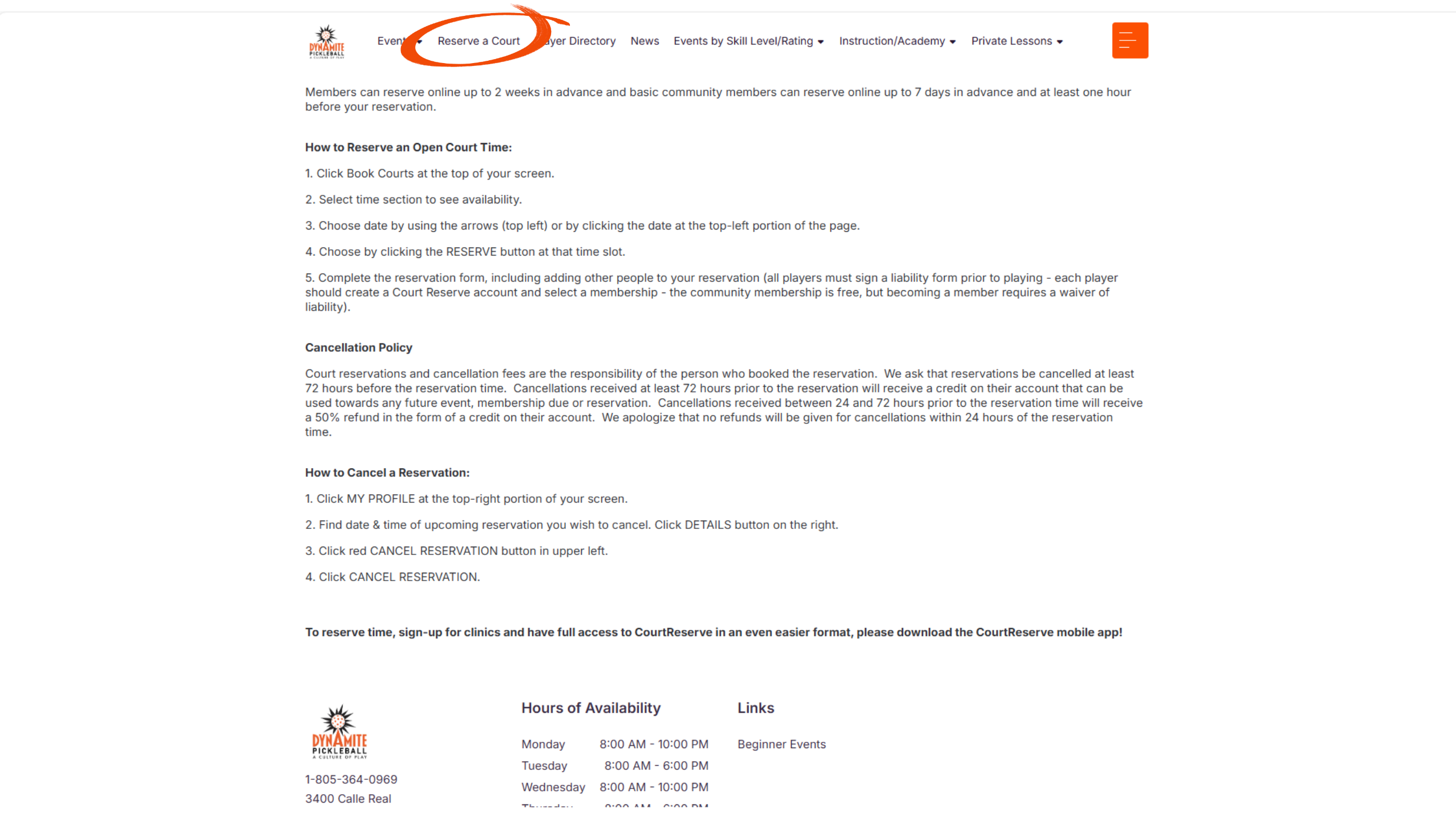 Click Reserve a Court (upper corner).