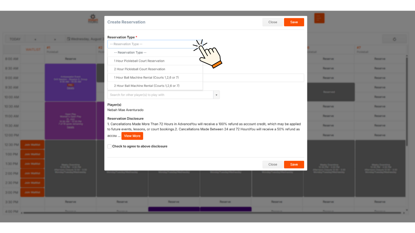 Under “Reservation Type,” select the appropriate duration and ensure you choose “Ball Machine Rental.”