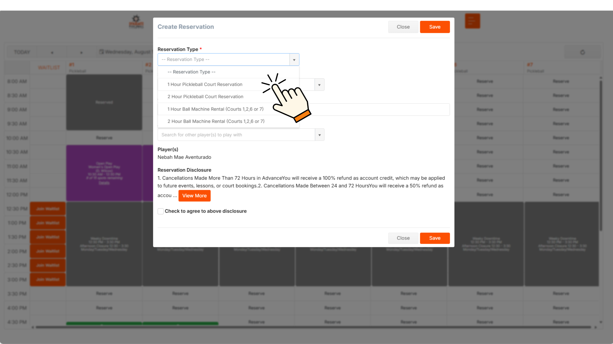 Pick rental hours (court or ball machine).
